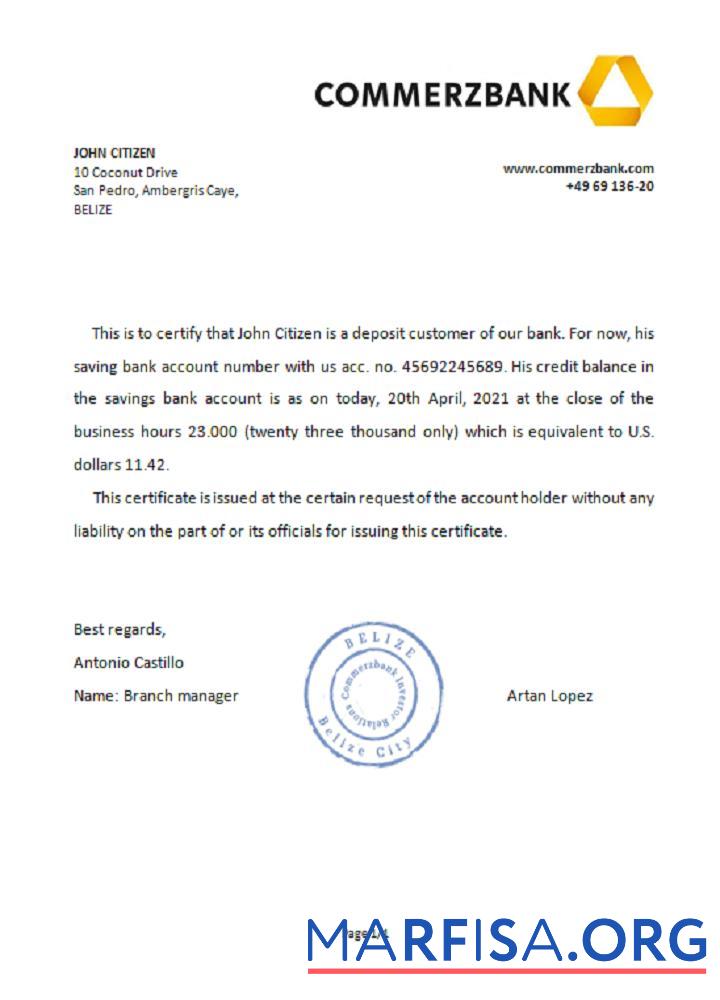 Printable Belize Commerzbank reference download for verification